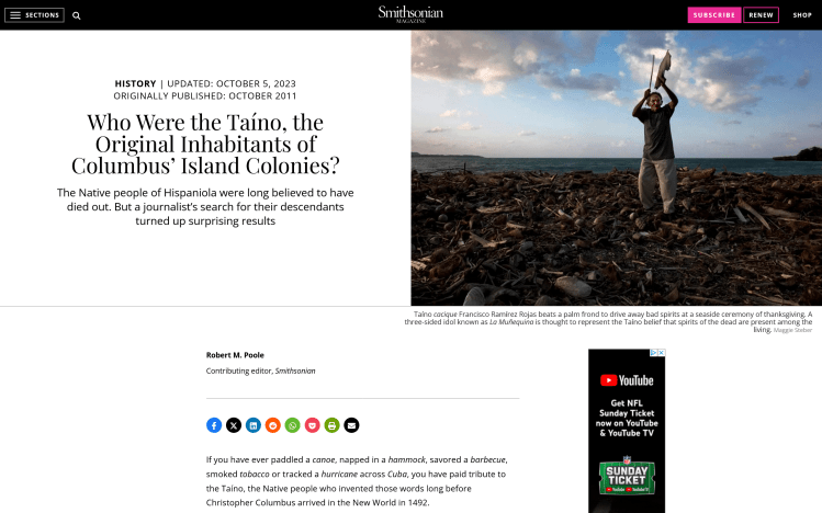 Picture of Taino native raising his arms with a palm leaf to drive away bad spirits down at the beachfront standing on a pile of bones?